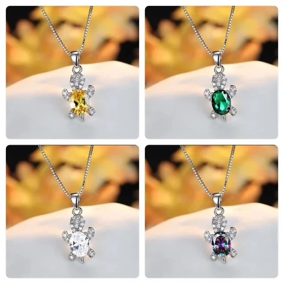 “Just Keep Swimming” Pink Gemstone Turtle Diamond Sterling Silver Gift Necklace - Picture 9 of 12